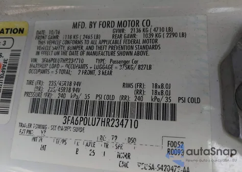 2017 Ford Fusion Hybrid Se из США, поврежденный, VIN 3FA6P0LU7HR234710